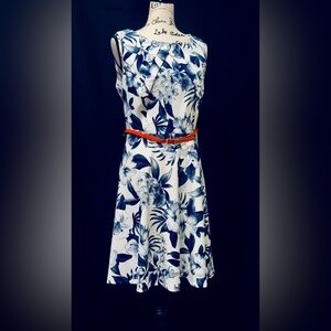 Signature Darby Spring Navy Blue & White Floral Sleeveless Dress w/ Orange Belt